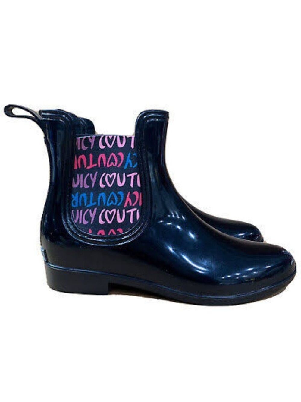Juicy Couture Romance Black Glossy Rain Boots Waterproof Chelsea Style Logo NWOB - Picture 6 of 8